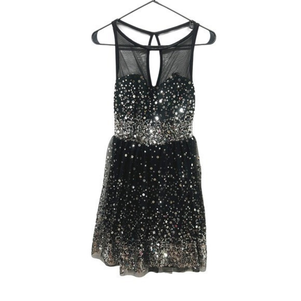 Y2K Sequin‎ Mesh Mini Dress XS/S Black Sparkly Tulle Glam Y2K Prom Homecoming